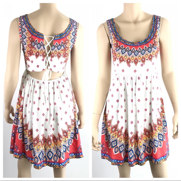 Back Strap Lace Up Cutout Tribal Feather Sundress - Picture 3 of 8